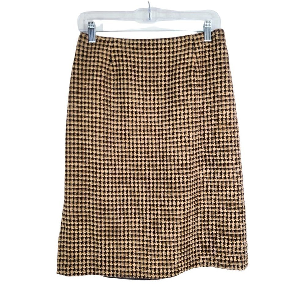 Pursuits Caramel Brown Tweed Fine Italian Fabric Pencil Wool Blend Skirt